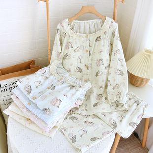 带胸垫睡衣女款纯棉纱布长袖春秋夏季可爱甜美少女外穿家居服套装