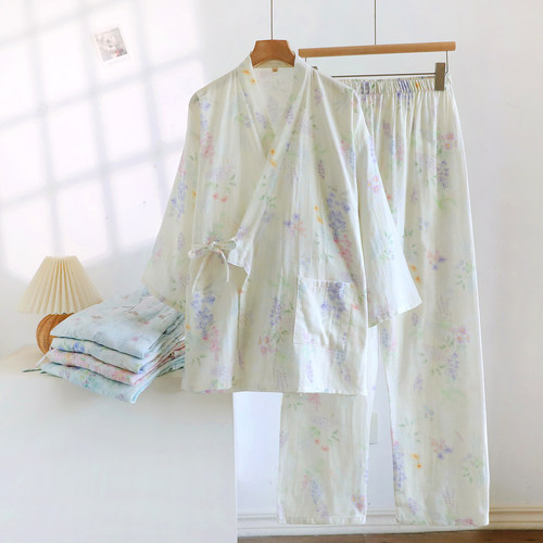 女士和服领棉纱睡衣套装
