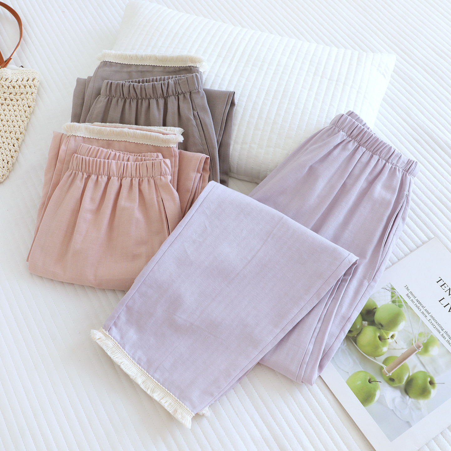 纯棉纱布睡裤女流苏花边春秋夏季薄款宽松直筒长裤纯色全棉家居裤,女士内衣/男士内衣/家居服,睡裤/家居裤,淘宝优惠券,粉丝福利购,淘宝优惠卷