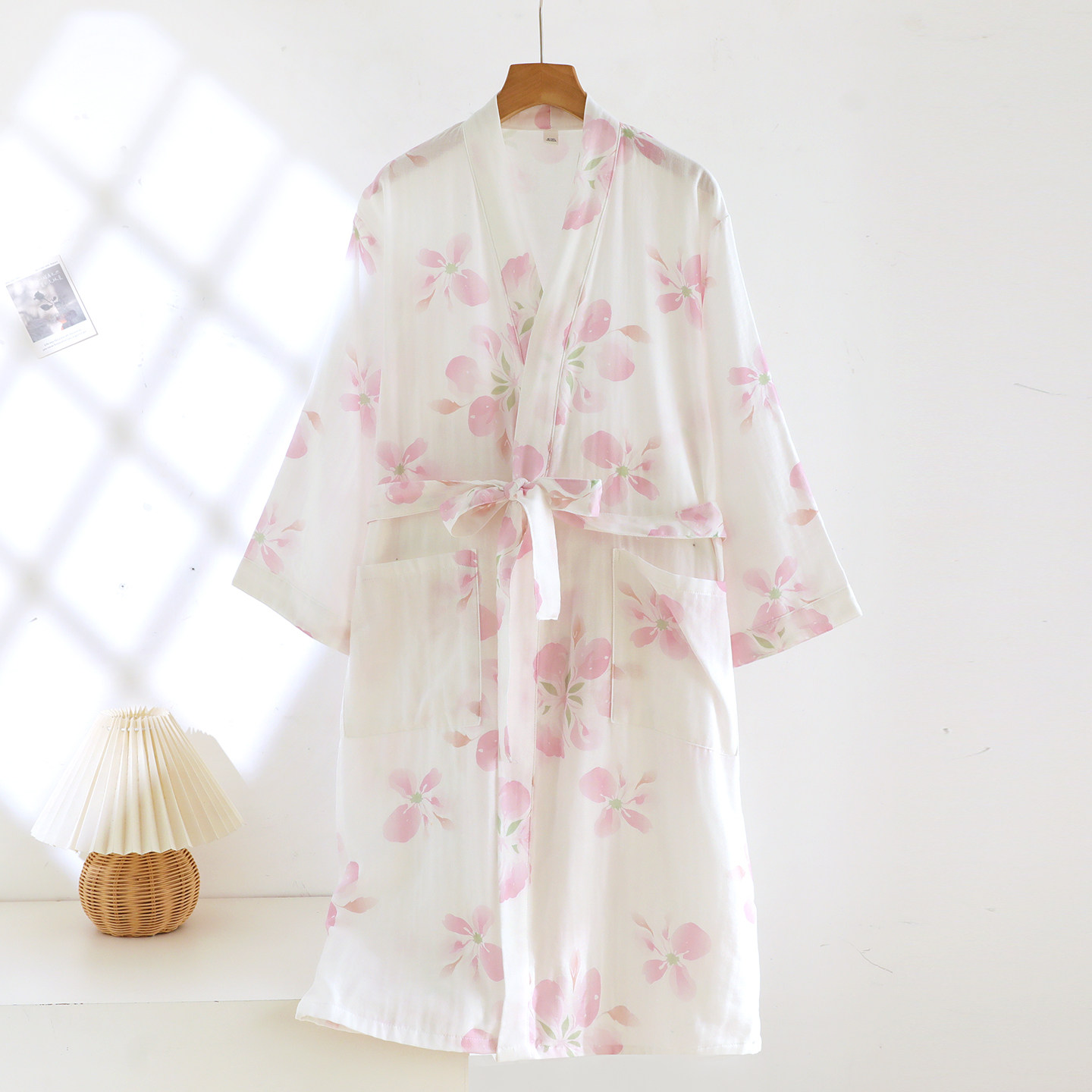 双层纯棉纱布睡袍女春秋夏季薄款浪漫樱花日式和服浴袍睡衣家居服