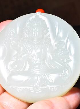 SBH391新疆的猫76克，顶细且末白玉精雕“白度母”圆牌和田玉
