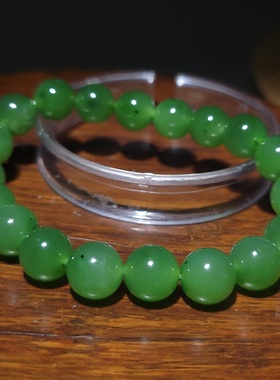 YQ010801 29.3克直径10mm调鲜靓润泽阳绿碧玉圆珠手链新疆的猫