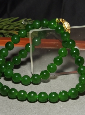 新疆的猫L120602 77.8克，10mm色度纯正的老坑菠菜绿碧玉圆珠项链