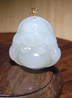 YQ020401 新疆的猫14.8克超冰夹层料18k金镶“冰羊脂”玉大肚佛
