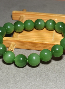 L010602 44.9克直径12mm肉质纯净的老坑俄料碧玉猫眼满绿圆珠手链