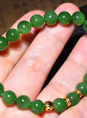 JJ030403新疆的猫克19.4克8mm浓艳质地纯净的菠菜绿碧玉圆珠手链