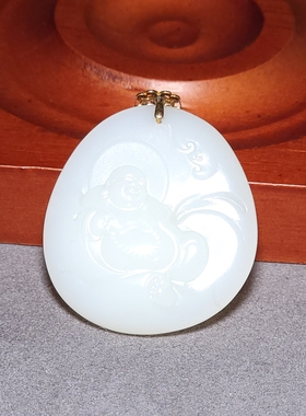 L011505新疆的猫14.2克冒油且末米达料羊脂玉金镶玉弥勒佛和田玉