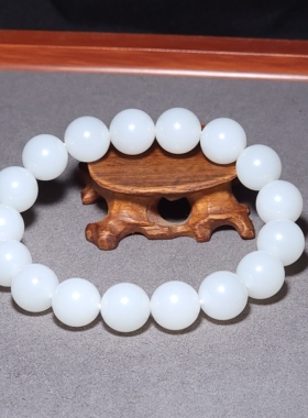 L032504 新疆的猫44.3克，直径12mm黑皮俄料三高羊脂白玉圆珠手链