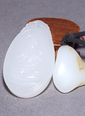 L032002新疆的猫35.6克油性高的青海老坑羊脂白玉观音挂坠