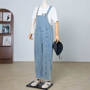 九分哈伦裤 琴川谷春夏季 女宽松显瘦老爹裤 拼接纯色背带裤 牛仔长裤