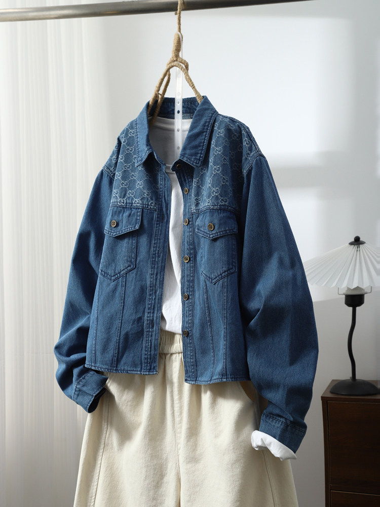 琴川谷2023秋季新款上衣直筒提花翻领单排扣拼接口袋牛仔短外套女