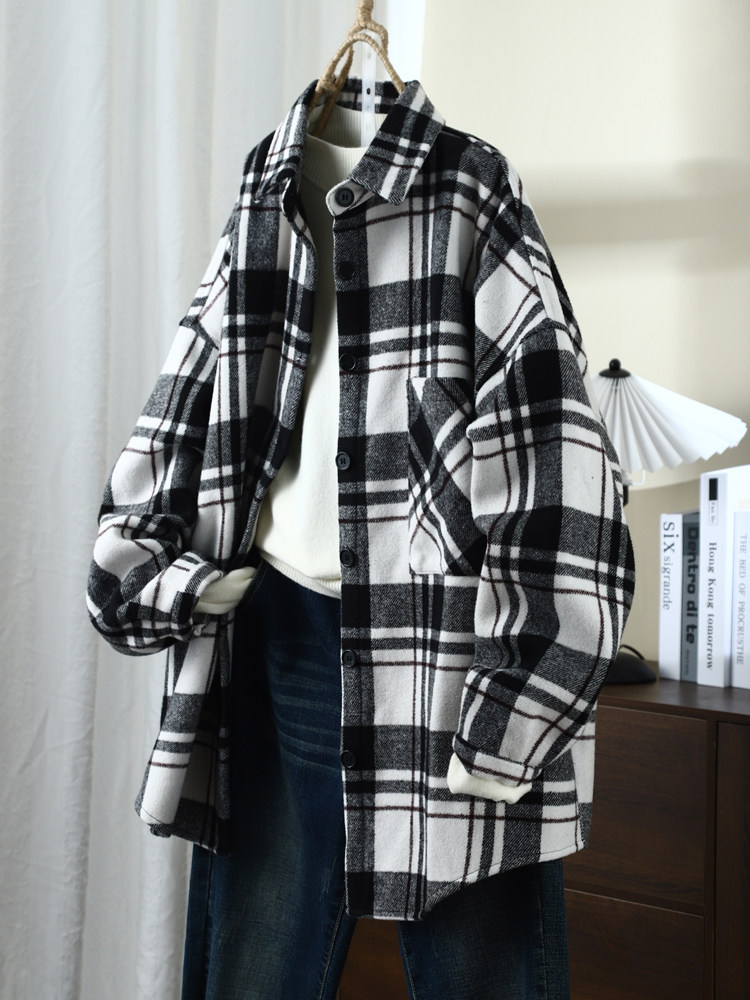 琴川谷韩版慵懒宽松格子加绒长袖衬衫女冬季新款格纹外套洋气百搭