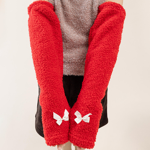 儿童睡觉手套加长睡眠护袖 套 双面绒纯色蝴蝶结保暖防冻半指袖