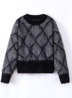 【格调】100%山羊绒拉绒圆领撞色菱形格女士羊绒衫