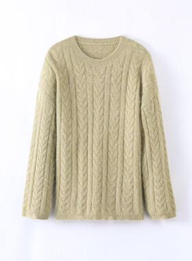 【漫步】100%山羊绒拉绒圆领绞花拧麻花工艺款女士羊绒衫