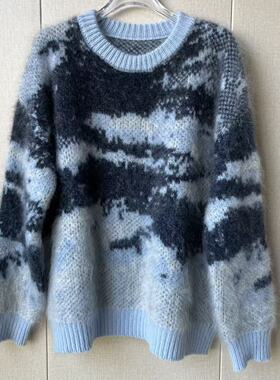 【远山】100%山羊绒拉绒撞色芝麻点提花重磅超厚圆领款女士羊绒衫