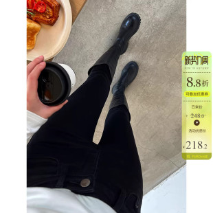 实力显瘦纯黑色靴裤高腰铅笔加绒牛仔裤女秋冬修身显瘦九分小脚裤