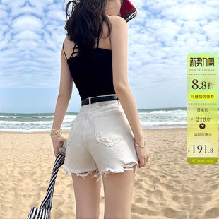 热裤 女夏白色显瘦A字包臀薄款 两粒扣高腰毛边牛仔短裤 强力显腿长