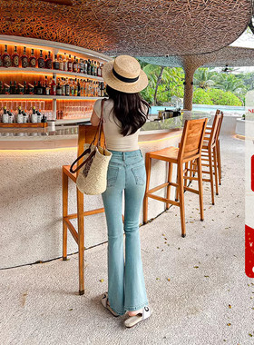 冬季新款~塑型修身浅蓝色高腰微喇加绒牛仔裤女提臀显瘦喇叭长裤