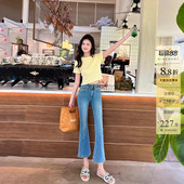 显瘦百搭喇叭裤 夏季 女修身 蓝色小个子两粒扣高腰微喇牛仔裤 子 薄款
