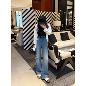 遮肉显瘦垂顺宽松长裤 新款 女春季 高含棉量拉丝破洞高腰阔腿牛仔裤
