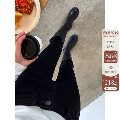 实力显瘦纯黑色靴裤高腰铅笔加绒牛仔裤女秋冬修身显瘦九分小脚裤