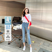 小直筒破洞烟管裤 面膜裤 女修身 超薄小个子八分高腰牛仔裤 子 ～夏季