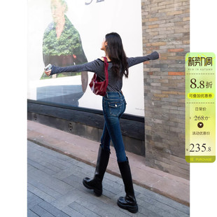 紧身显瘦翻盖提臀九分小脚裤 巨显瘦 新款 女春季 两粒扣高腰牛仔裤