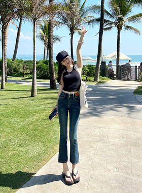 小个子两粒扣高腰微喇牛仔裤女春季新款修身显瘦蓝色八分喇叭裤子