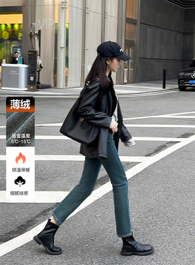 加绒保暖复古蓝直筒牛仔裤女冬季拼色显瘦薄绒小个子九分烟管裤