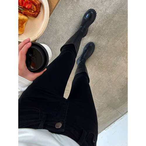 实力显瘦纯黑色靴裤高腰铅笔加绒牛仔裤女秋冬修身显瘦九分小脚裤
