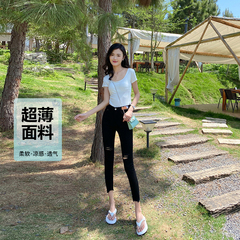 显瘦纯黑色破洞高腰小脚牛仔裤女夏季超薄款辣妹修身九分铅笔裤子
