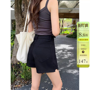 显瘦开叉宽松阔腿A字热裤 薄款 新款 女夏季 面料纯黑色高腰牛仔短裤