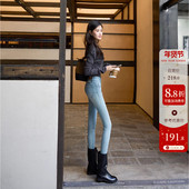 两粒扣靴裤 加绒小脚牛仔裤 女秋冬高腰修身 蜜桃臀系列 显瘦铅笔裤