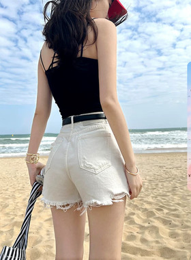 强力显腿长~两粒扣高腰毛边牛仔短裤女夏白色显瘦A字包臀薄款热裤