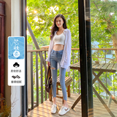 显瘦九分铅笔裤 女修身 子 超薄浅蓝色高腰破洞小脚牛仔裤 巨显瘦夏季