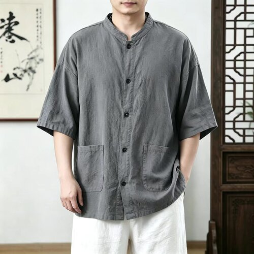 麻尚优品中式立领苎麻短袖男宽松透气棉麻休闲中国风夏季薄款衬衣