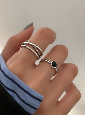 s925纯银黑色复古潮食指交叉戒指女开口时尚泰银小众个性指环手饰