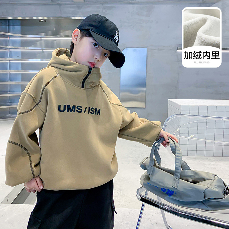 男童冬装韩版连帽加绒加厚运动卫衣2025新款儿童男孩冬季大童上衣