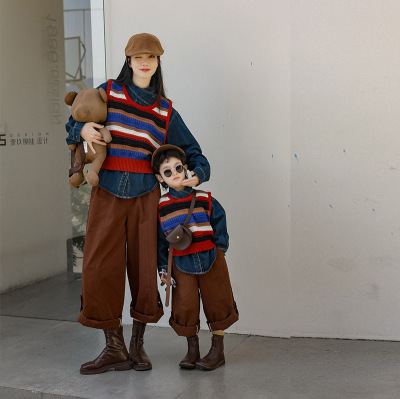 一起玩品牌亲子装春季母子母女装日系复古条纹针织衫背心马甲