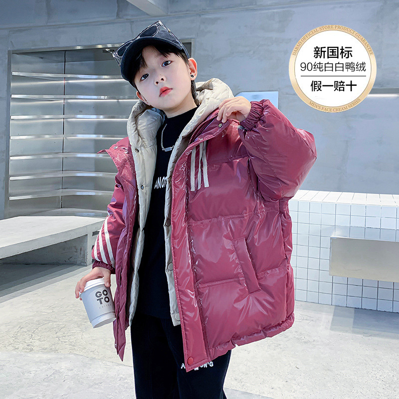 潮牌男大童假两件亮面加厚羽绒服冬装2025儿童装免洗外套冬季服装