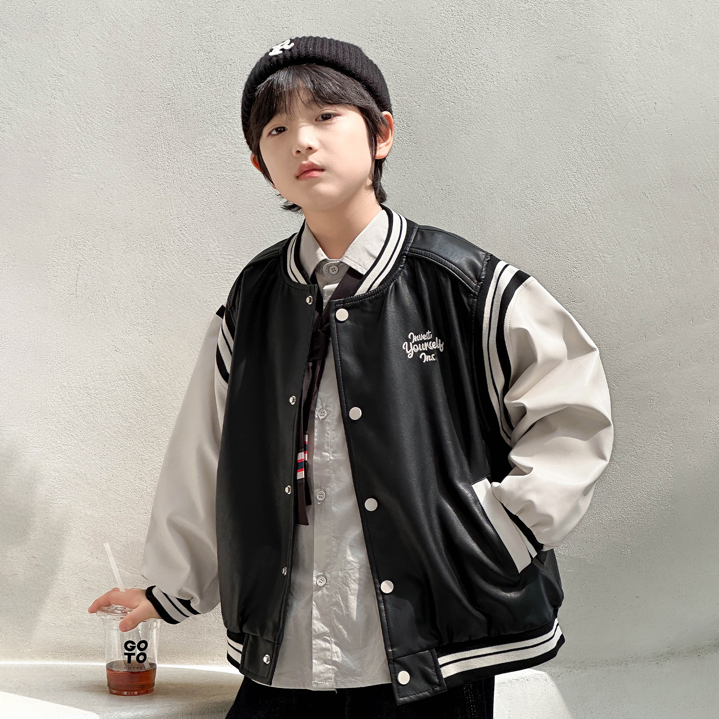 熊猫圆圆2025秋季新品中大童男童棒球服皮衣儿童秋装外套防风