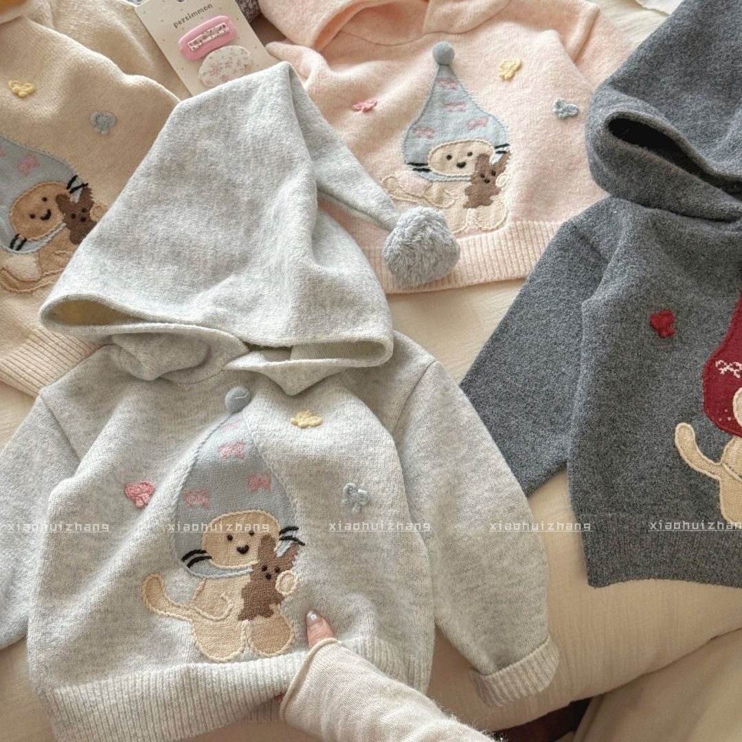 新品秋冬儿童卡通男女童洋气连帽针织衫卫衣女宝宝休闲上衣