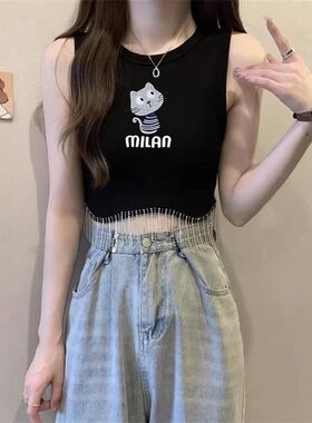 流苏卡通印花吊带背心女夏季大码修身显瘦洋气减龄无袖短款上衣服