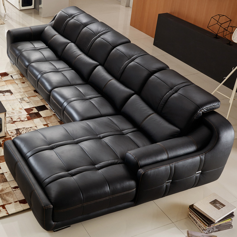 全黑色转角贵妃风套装真皮沙发