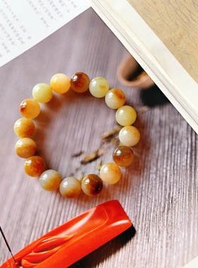 新疆且末糖白玉圆珠手串男女款12mm单圈玉石手链糖料红糖白肉