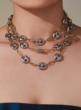 2511鑫艺鑫不锈钢拼色猪鼻子粗链条项链古巴ins时尚百搭个性