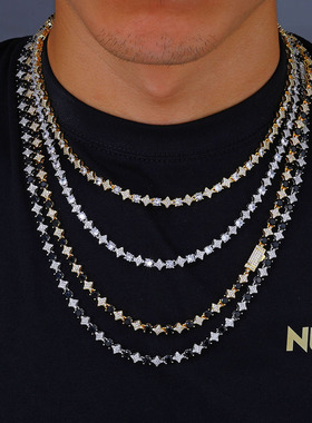 2512欧美跨境新款6mm十字架星星锆石网球链嘻哈菱形男士个性项链