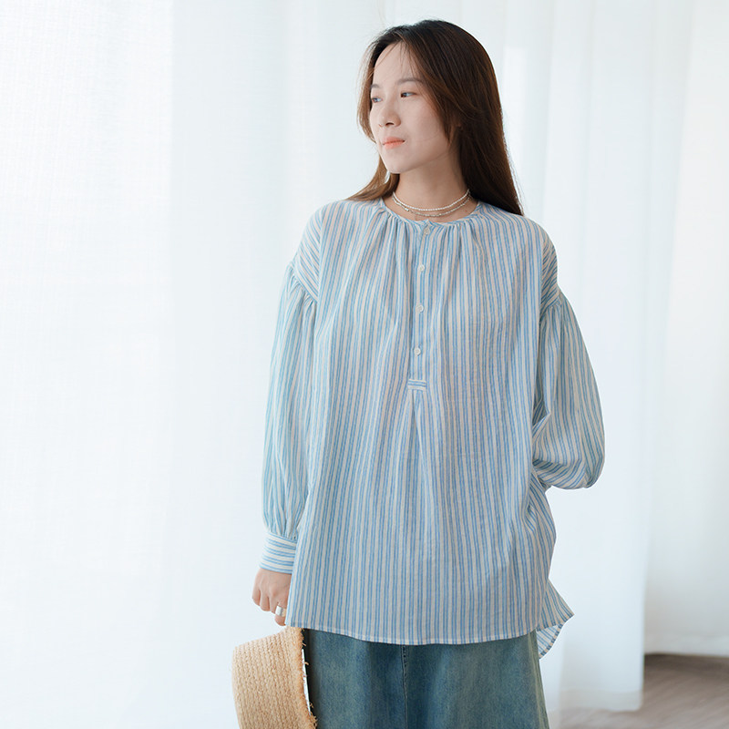 女士衬衫衬衣上衣长袖宽松棉麻文艺条纹 夏季长袖宽松 小圆领