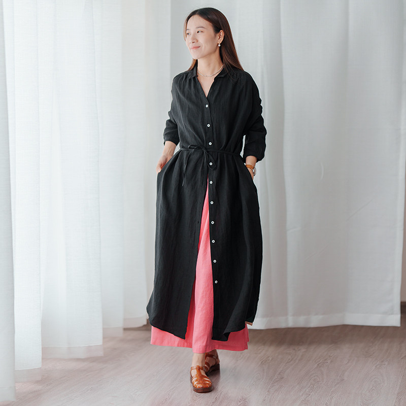 春夏季 亚麻连衣裙黑色全开实木 衬衫大码裙七分袖中长款 方领
